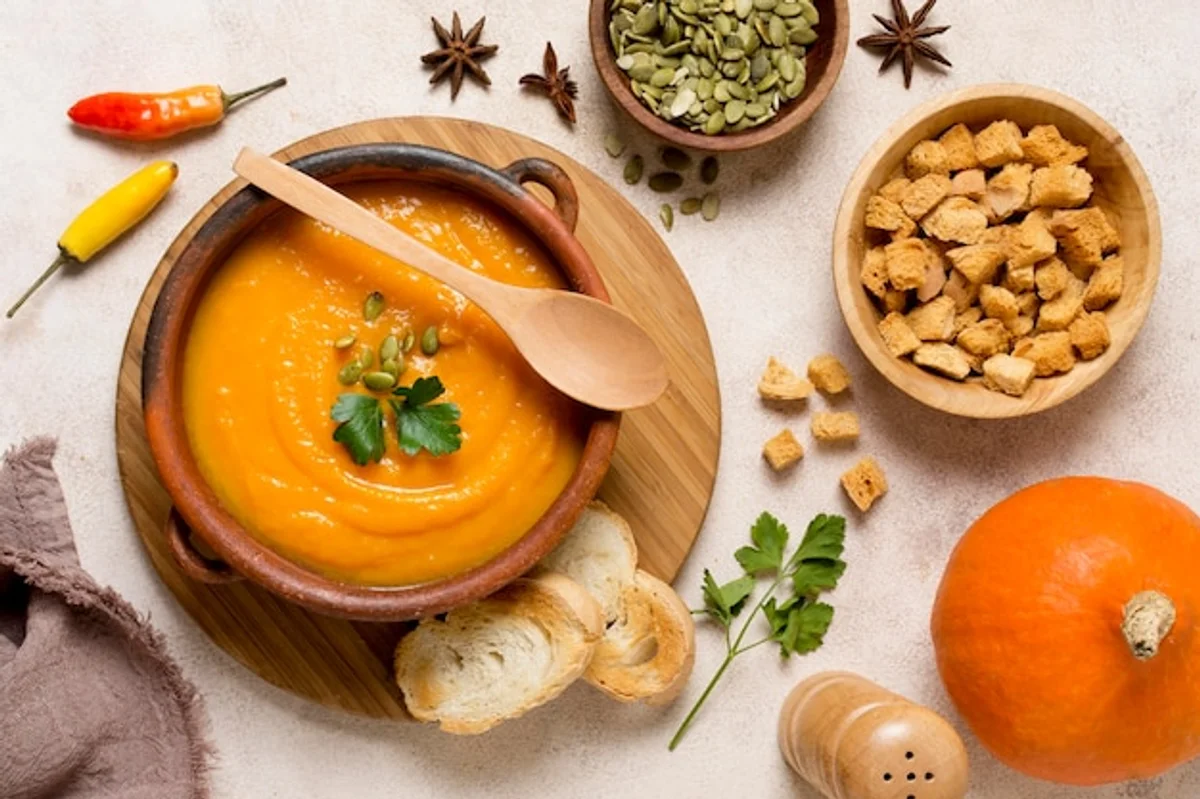 cheese pumpkin soup with thyme and seeds, rustic style, autumn leaves