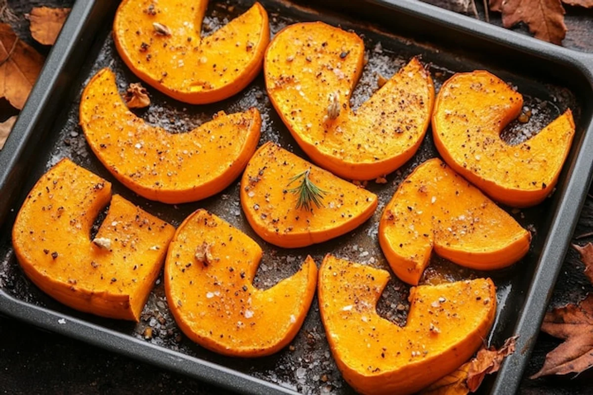 roasted pumpkin and apple on baking tray with herbs, top view