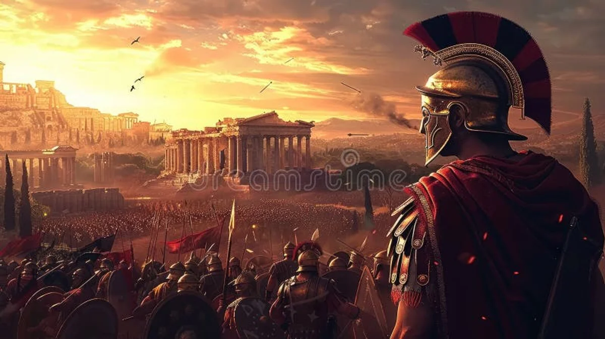roman soldiers defending city from barbarians, dramatic sunset, ruins
