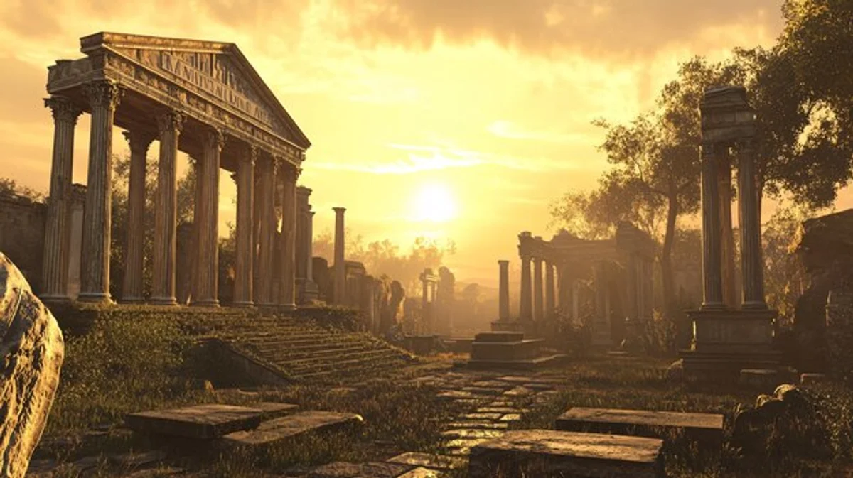 archeological ruins of ancient rome, sunrise, modern city in background