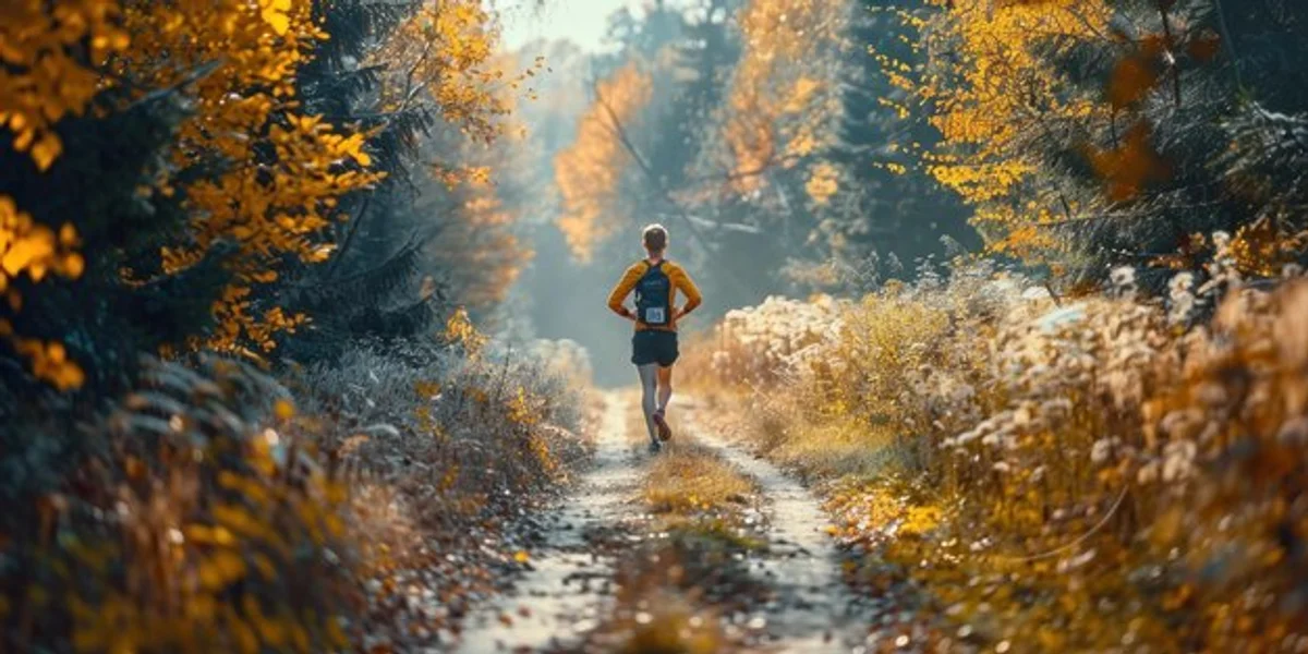 autumn running on trail vibrant leaves