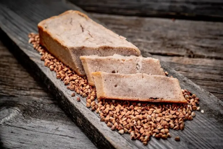 fresh gluten free buckwheat bread on rustic wooden table
