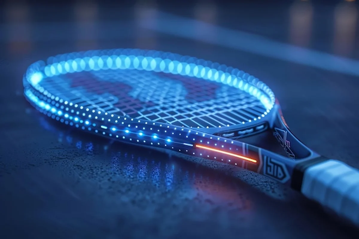 smart tennis racket close up with data overlay