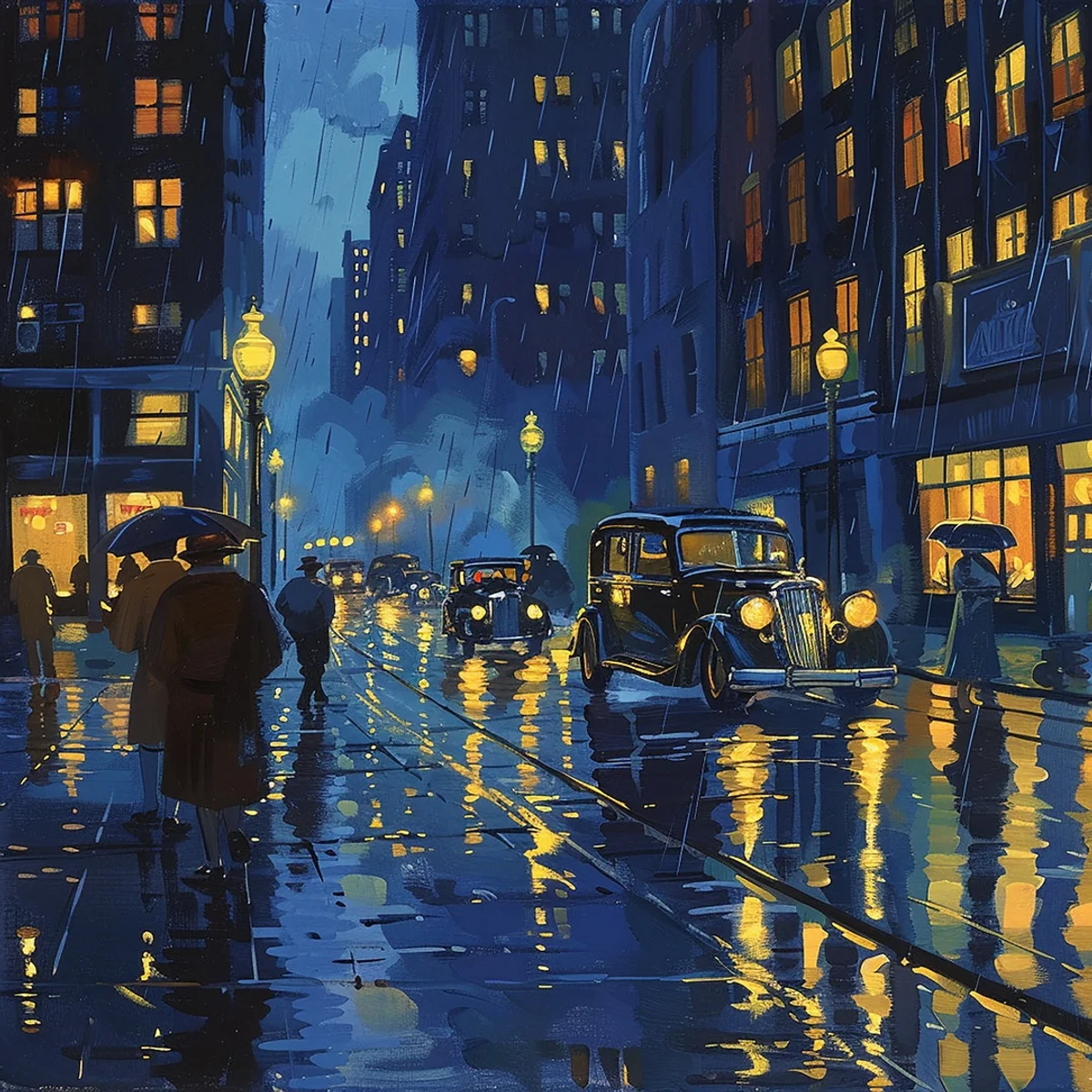 Czech rainy November street with colorful art galleries lights