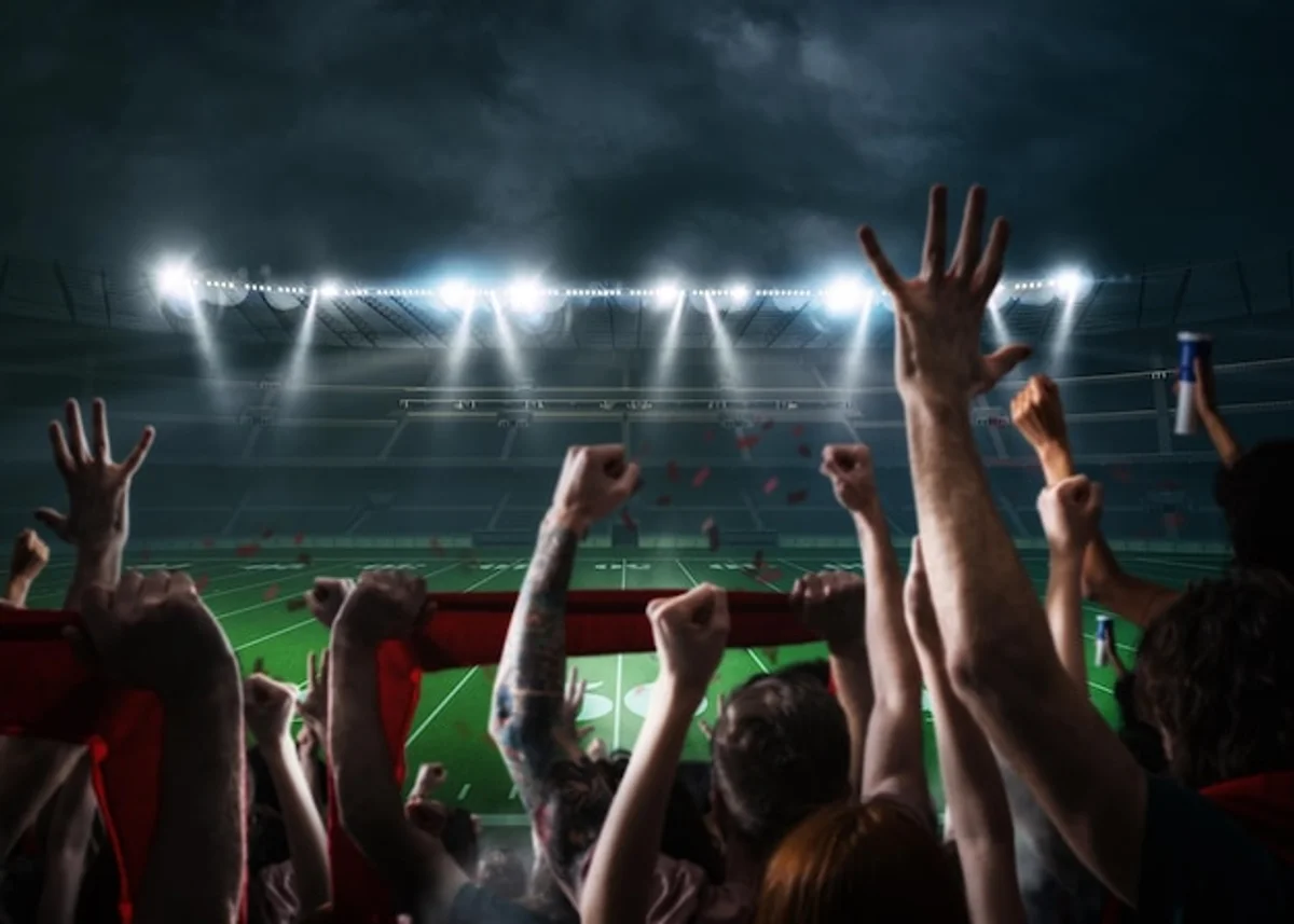 crowd cheering football stadium night shot