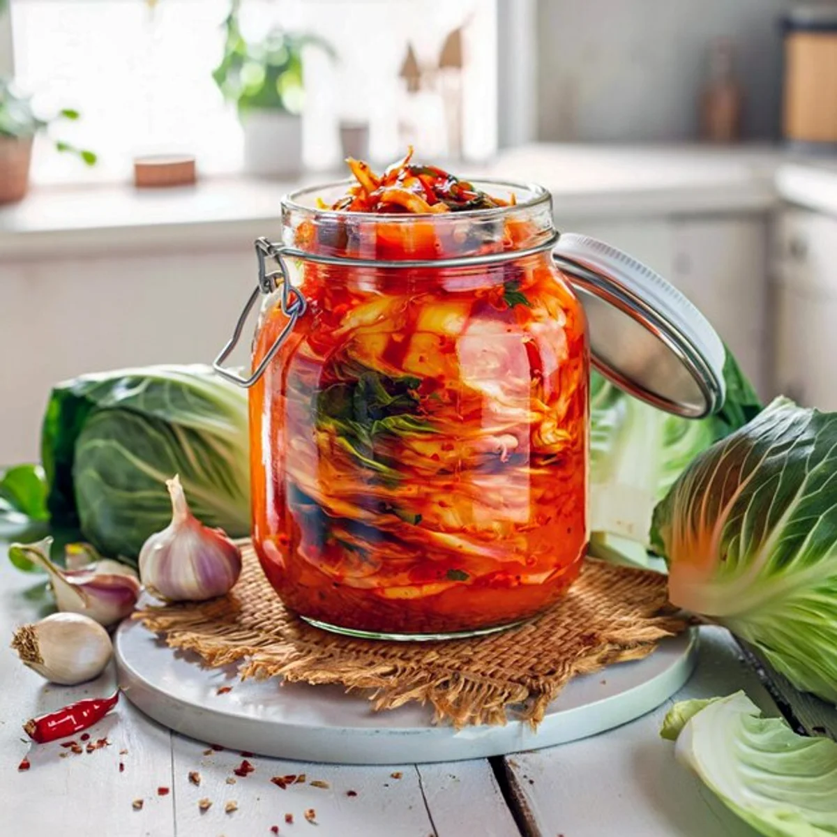 homemade kimchi in glass jar on kitchen