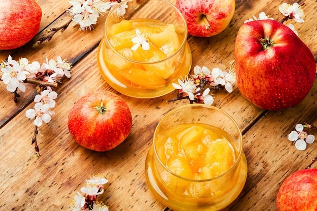 homemade apple jam in glass jar with fresh apples rustic