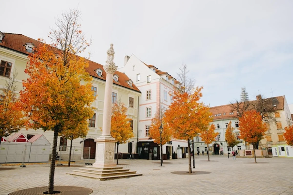 empty european square in autumn morning