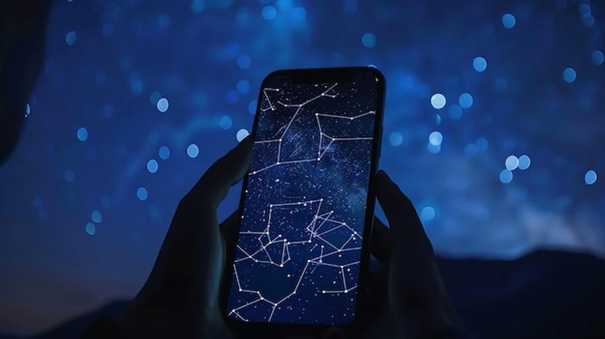 person holding phone stargazing augmented reality night sky stars
