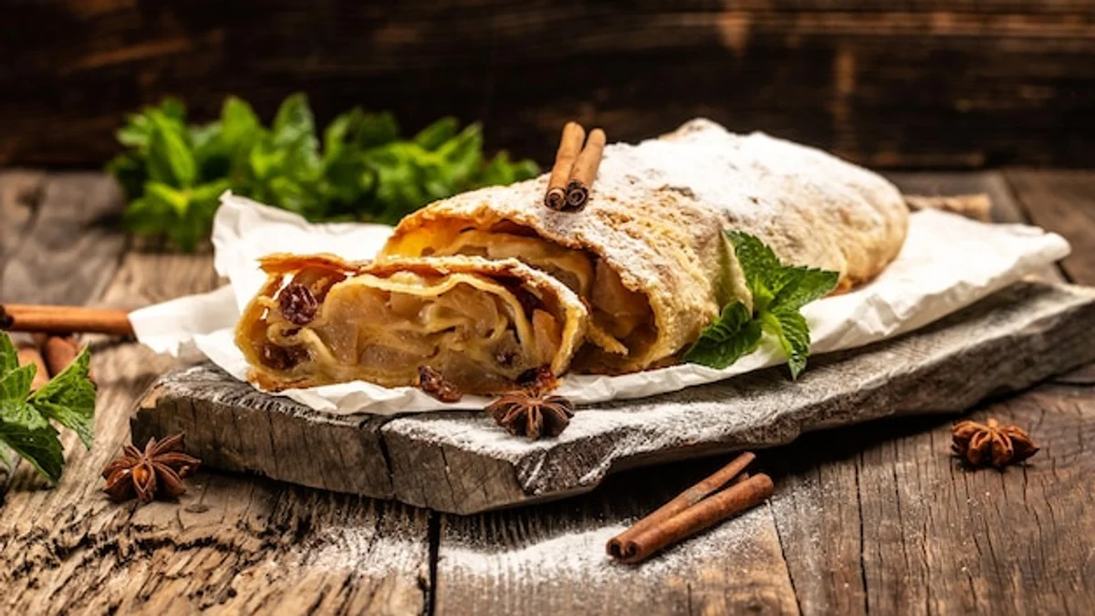 homemade apple strudel on rustic table with cinnamon sticks