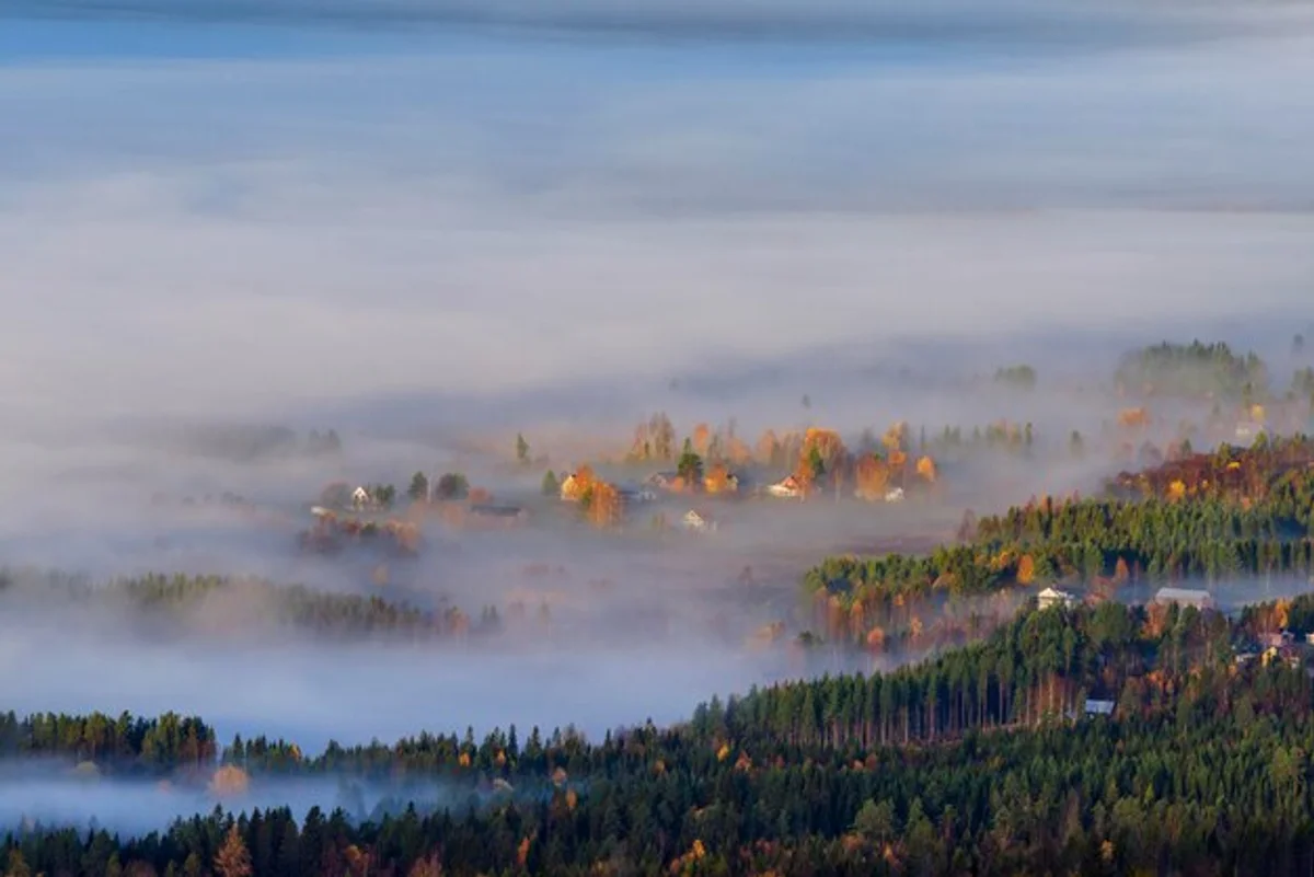 misty november sunrise over Czech landscape